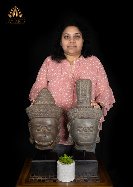 22" Serene Hanuman Head in Sandstone on Wooden Base Spiritual Accent from Cambodia