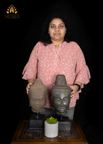 16" Timeless Sandstone Buddha Head Sculpture on Wooden Base from Cambodia