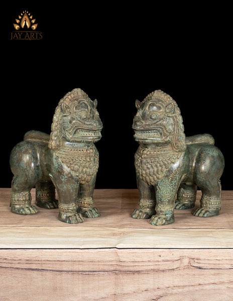 12" Cambodian Style Bronze Temple Lions Finely Detailed with Aged Green Finish