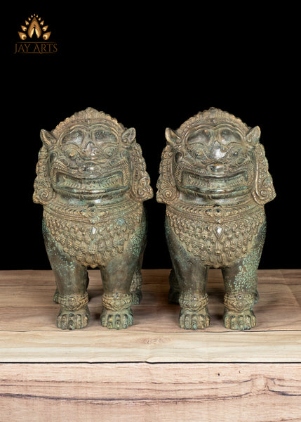 12" Cambodian Style Bronze Temple Lions Finely Detailed with Aged Green Finish
