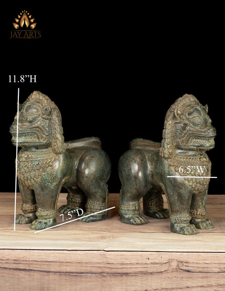 12" Cambodian Style Bronze Temple Lions Finely Detailed with Aged Green Finish