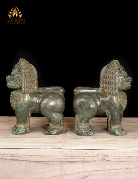 12" Cambodian Style Bronze Temple Lions Finely Detailed with Aged Green Finish