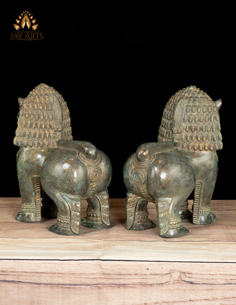 12" Cambodian Style Bronze Temple Lions Finely Detailed with Aged Green Finish