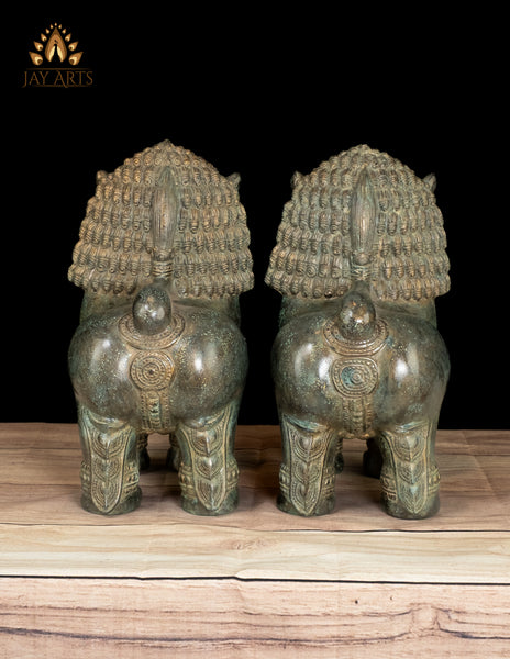 12" Cambodian Style Bronze Temple Lions Finely Detailed with Aged Green Finish