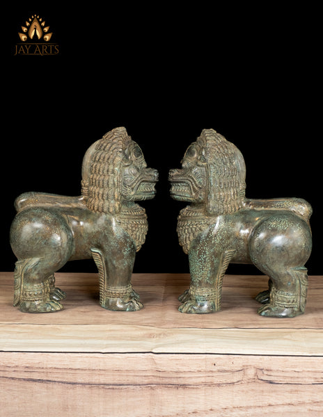 12" Cambodian Style Bronze Temple Lions Finely Detailed with Aged Green Finish