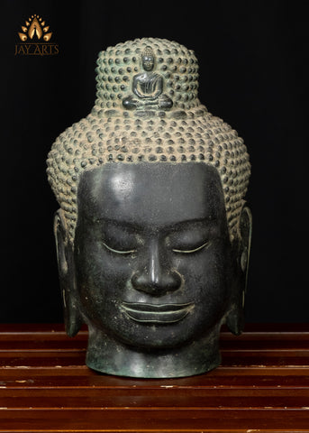Bronze Buddha Head 9.5" - Khmer Buddha Head with Dhyana Buddha Figurine Atop