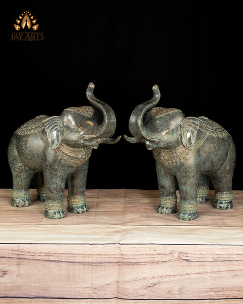 15" Graceful Bronze Elephant Statue Pair with Antique Patina Divine Guardians