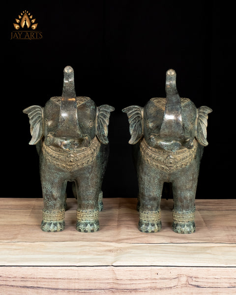 15" Graceful Bronze Elephant Statue Pair with Antique Patina Divine Guardians