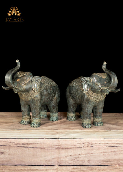 15" Graceful Bronze Elephant Statue Pair with Antique Patina Divine Guardians