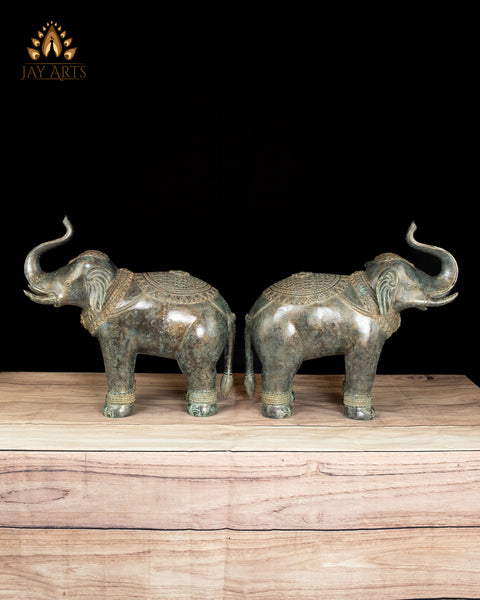 15" Graceful Bronze Elephant Statue Pair with Antique Patina Divine Guardians