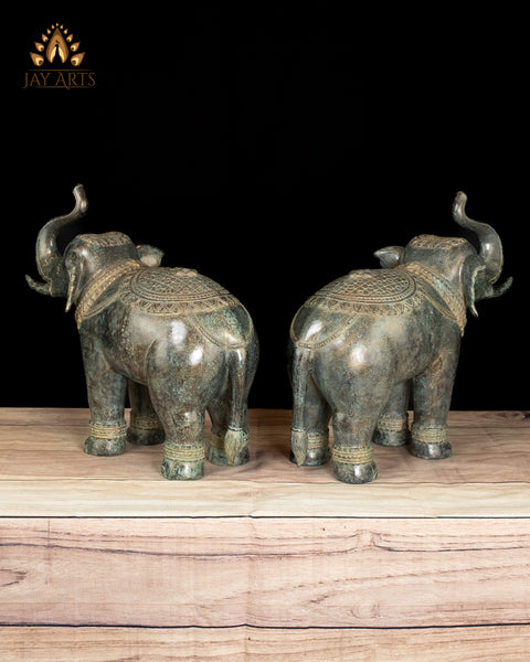 15" Graceful Bronze Elephant Statue Pair with Antique Patina Divine Guardians