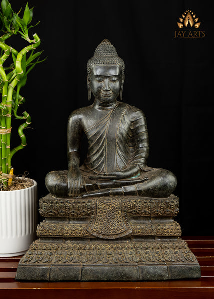 Bronze Buddha in Bhumisparsha Mudra 19" -  Earth Witness Khmer Style Cambodian Buddha