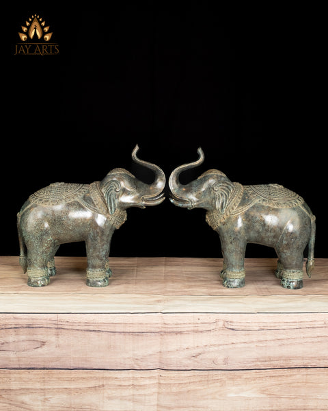 15" Graceful Bronze Elephant Statue Pair with Antique Patina Divine Guardians