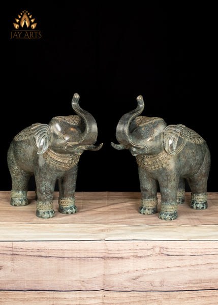 15" Graceful Bronze Elephant Statue Pair with Antique Patina Divine Guardians