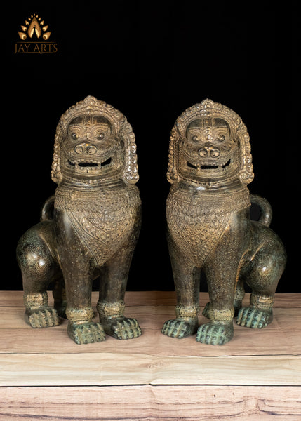 15" Sacred Bronze Temple Lions Highly Detailed Green Patina Handmade in Cambodia