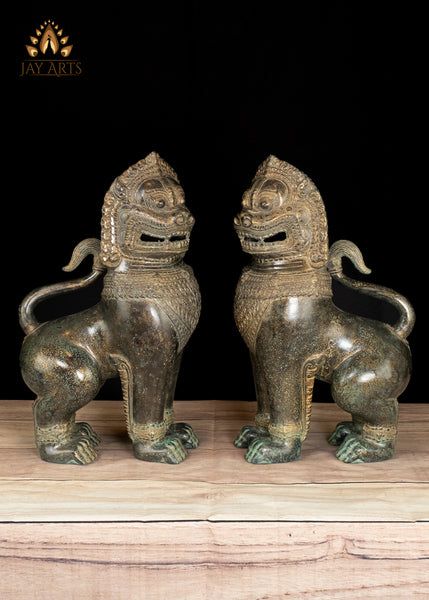 15" Sacred Bronze Temple Lions Highly Detailed Green Patina Handmade in Cambodia