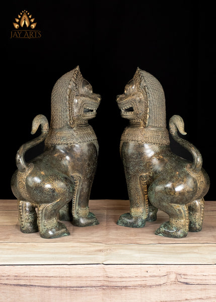 15" Sacred Bronze Temple Lions Highly Detailed Green Patina Handmade in Cambodia