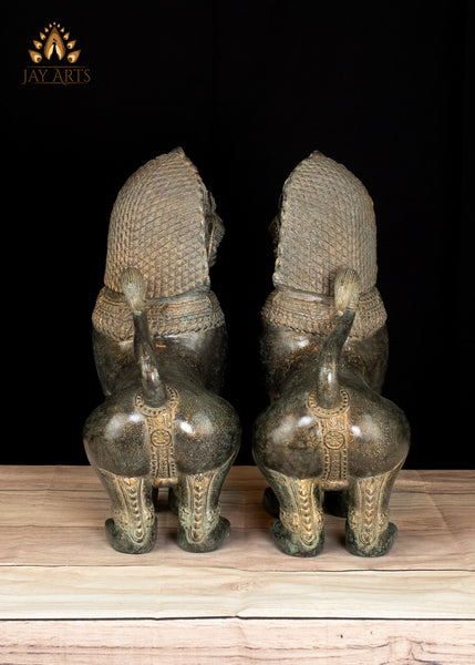 15" Sacred Bronze Temple Lions Highly Detailed Green Patina Handmade in Cambodia