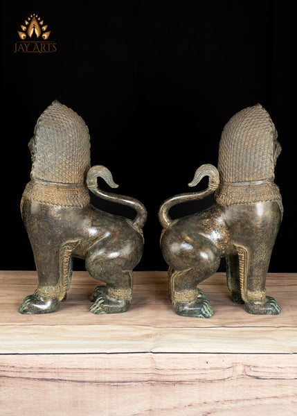 15" Sacred Bronze Temple Lions Highly Detailed Green Patina Handmade in Cambodia