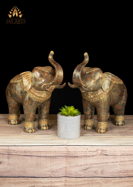 15" Cambodian Bronze Elephant Pair with Raised Trunks Symbol of Prosperity