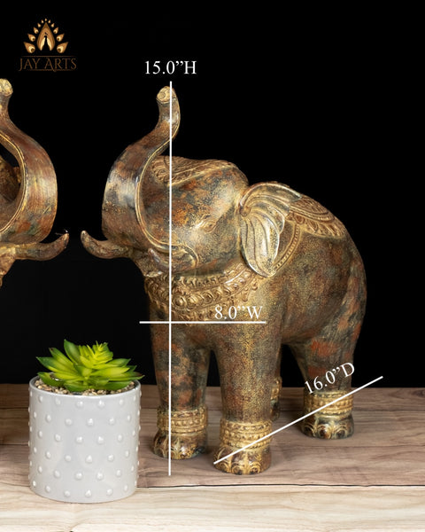 15" Cambodian Bronze Elephant Pair with Raised Trunks Symbol of Prosperity