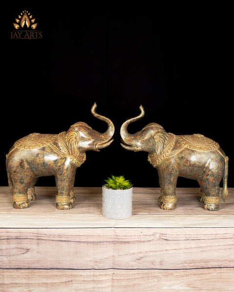 15" Cambodian Bronze Elephant Pair with Raised Trunks Symbol of Prosperity