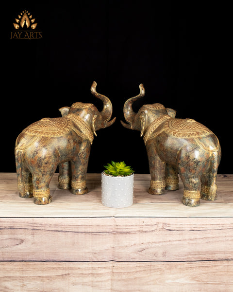 15" Cambodian Bronze Elephant Pair with Raised Trunks Symbol of Prosperity