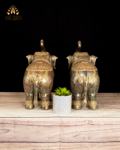 15" Cambodian Bronze Elephant Pair with Raised Trunks Symbol of Prosperity