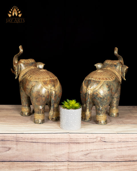 15" Cambodian Bronze Elephant Pair with Raised Trunks Symbol of Prosperity