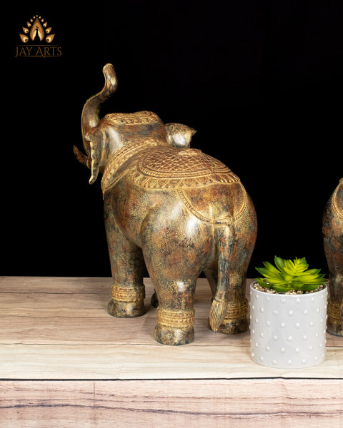 15" Cambodian Bronze Elephant Pair with Raised Trunks Symbol of Prosperity