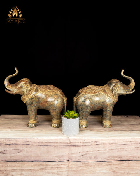 15" Cambodian Bronze Elephant Pair with Raised Trunks Symbol of Prosperity