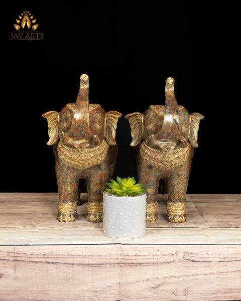 15" Cambodian Bronze Elephant Pair with Raised Trunks Symbol of Prosperity
