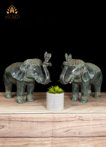 13" Sacred Elephant Guardian Pair Handmade Cambodian Bronze with Fine Details