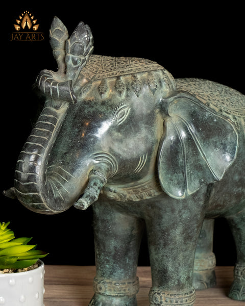 13" Sacred Elephant Guardian Pair Handmade Cambodian Bronze with Fine Details