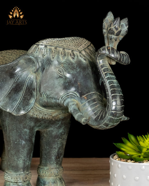 13" Sacred Elephant Guardian Pair Handmade Cambodian Bronze with Fine Details