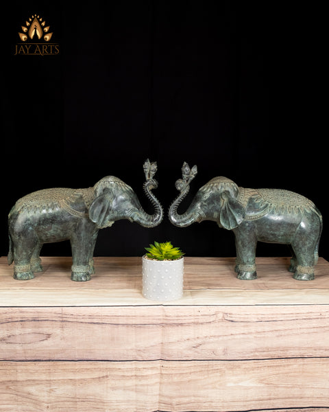 13" Sacred Elephant Guardian Pair Handmade Cambodian Bronze with Fine Details