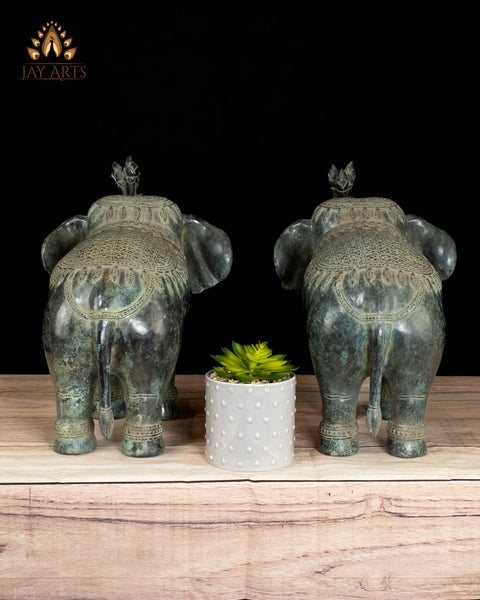 13" Sacred Elephant Guardian Pair Handmade Cambodian Bronze with Fine Details