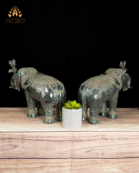 13" Sacred Elephant Guardian Pair Handmade Cambodian Bronze with Fine Details