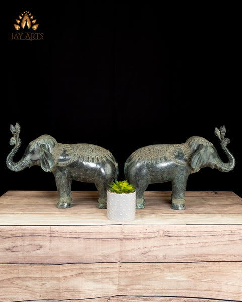 13" Sacred Elephant Guardian Pair Handmade Cambodian Bronze with Fine Details