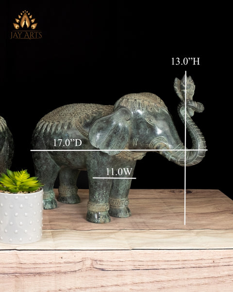 13" Sacred Elephant Guardian Pair Handmade Cambodian Bronze with Fine Details
