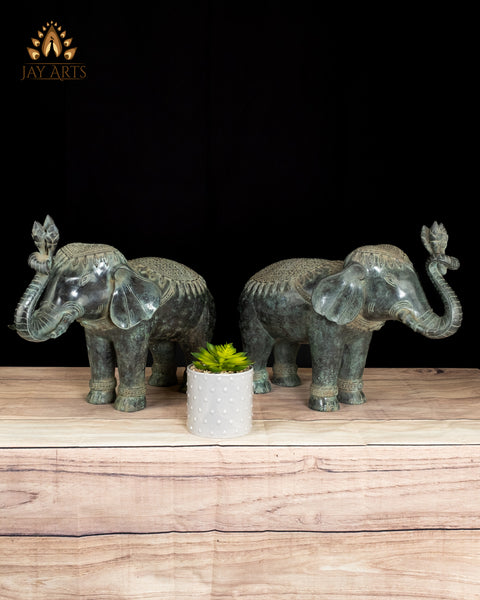 13" Sacred Elephant Guardian Pair Handmade Cambodian Bronze with Fine Details