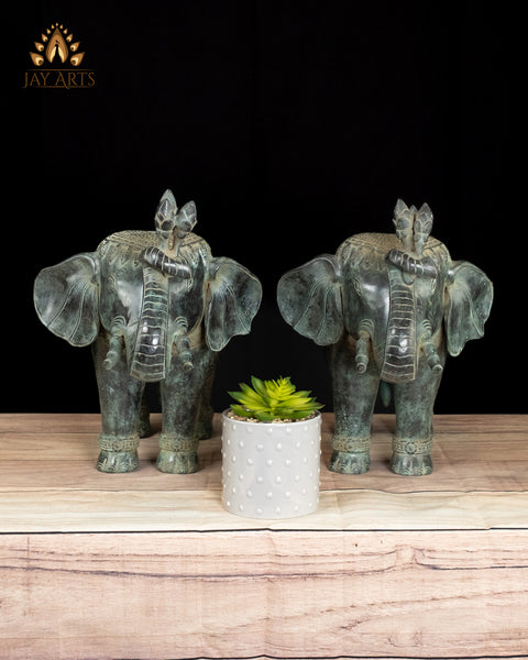 13" Sacred Elephant Guardian Pair Handmade Cambodian Bronze with Fine Details