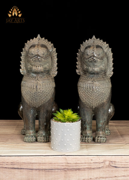 15" Bronze Temple Lions with Expressive Guardian Faces Handmade in Cambodia
