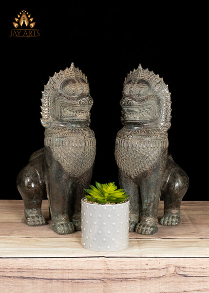 15" Bronze Temple Lions with Expressive Guardian Faces Handmade in Cambodia