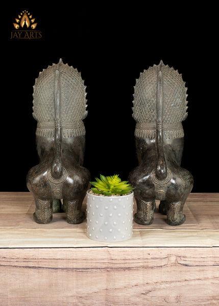 15" Bronze Temple Lions with Expressive Guardian Faces Handmade in Cambodia