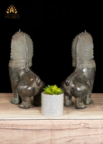 15" Bronze Temple Lions with Expressive Guardian Faces Handmade in Cambodia