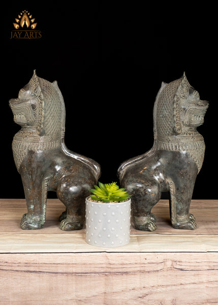 15" Bronze Temple Lions with Expressive Guardian Faces Handmade in Cambodia
