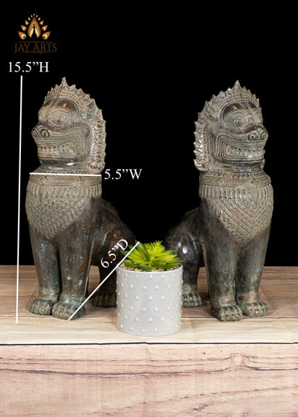 15" Bronze Temple Lions with Expressive Guardian Faces Handmade in Cambodia