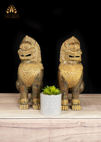 15" Bronze Temple Guardian Lions of Cambodia Finely Detailed with Brown Patina