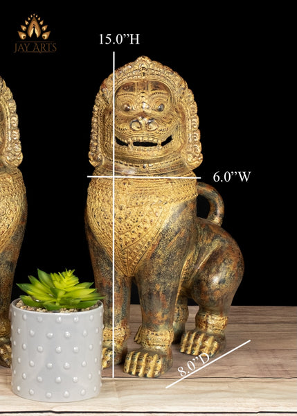 15" Bronze Temple Guardian Lions of Cambodia Finely Detailed with Brown Patina
